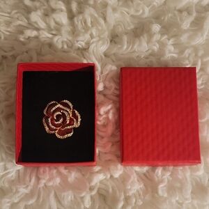 Red Rose Brooch With Rhinestones In a Red Box